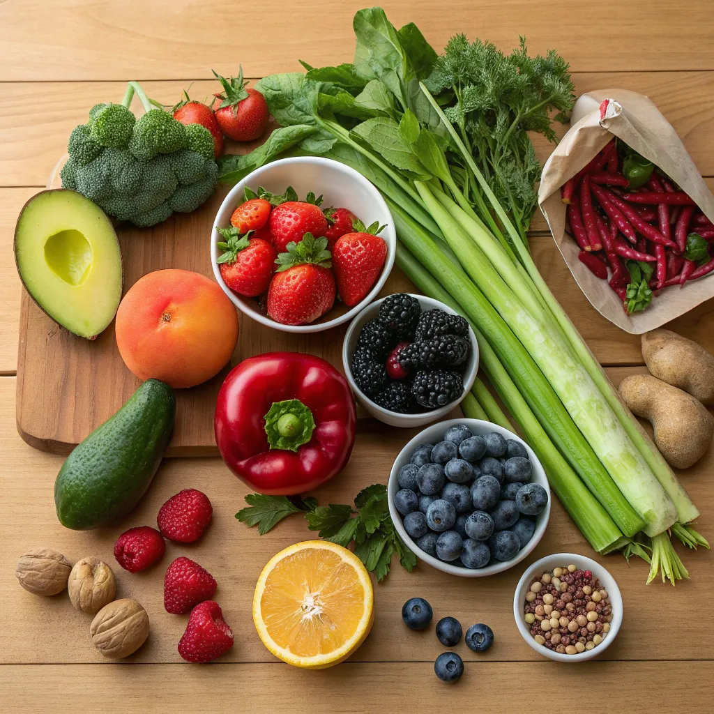 Fresh raw ingredients beautifully arranged on a wooden table