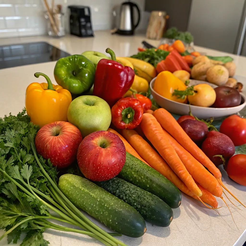 Colorful array of raw fruits and vegetables arranged on a kitchen counter
